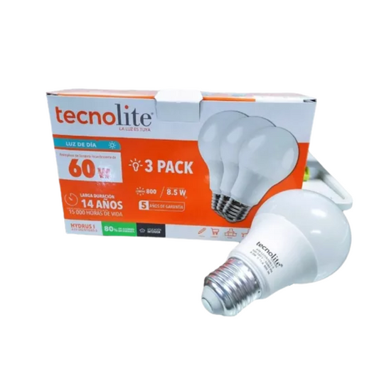 A19-LED/010/65-3 - Bombilla Led Pack 3 piezas Entrada E27 Luz de Día 6 500 K
